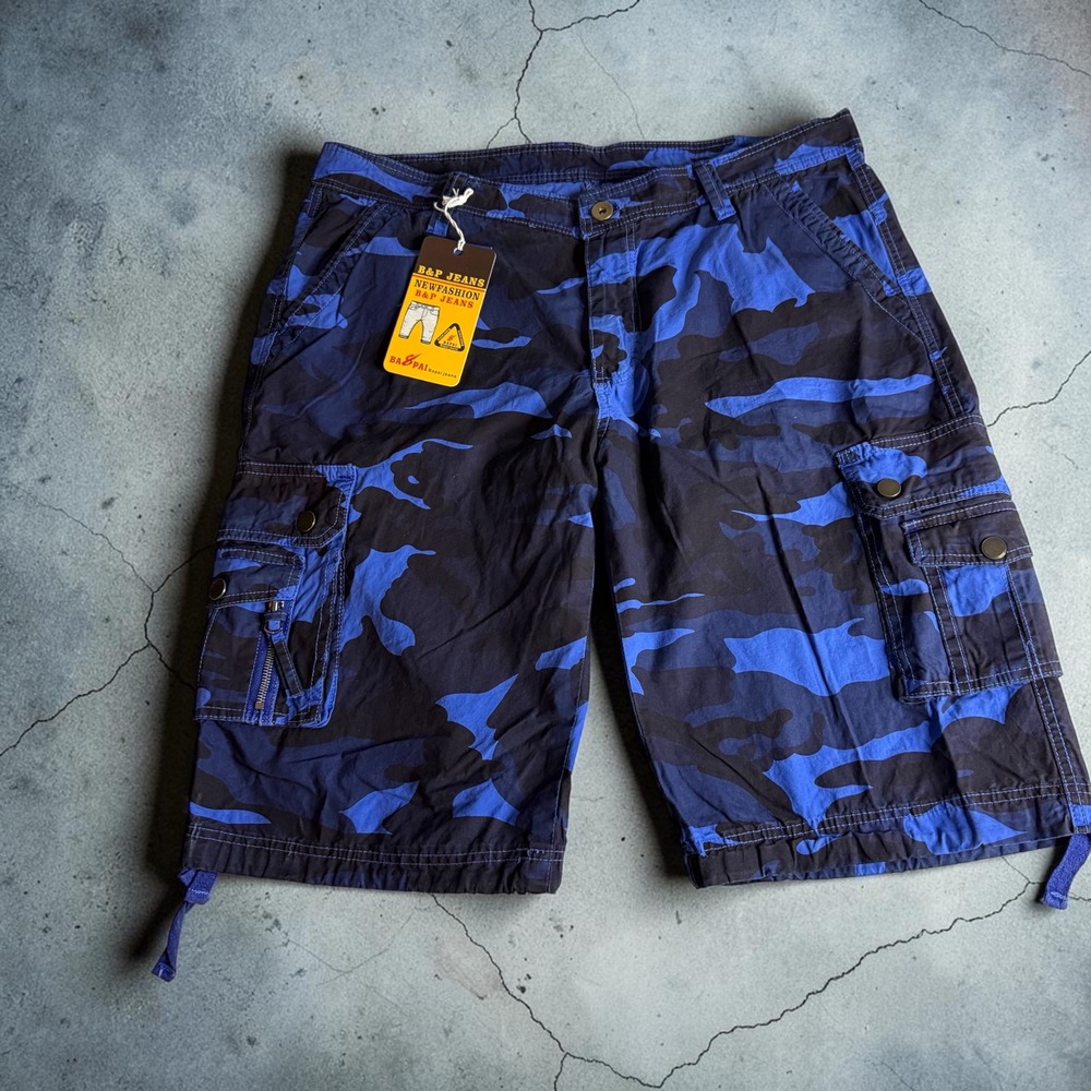 Bapai Jeans Blue Camouflage Cargo Shorts Mens 38 Cotton Multi Pocket B&P Jeans